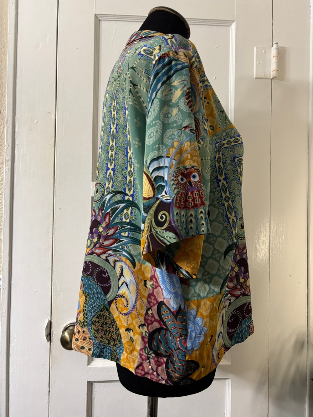 Johnny Was Vibrant Silk Patchwork & Owl Print Blouse - Picture 10 of 15
